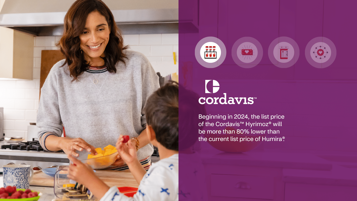 Superior Value hero image of a woman and her son in the kitchen with a caption "Cordavis: Beginning in 2024, the list price of the Cordavis Hyrimoz will be more than 80% lower than the current list price of Humira."